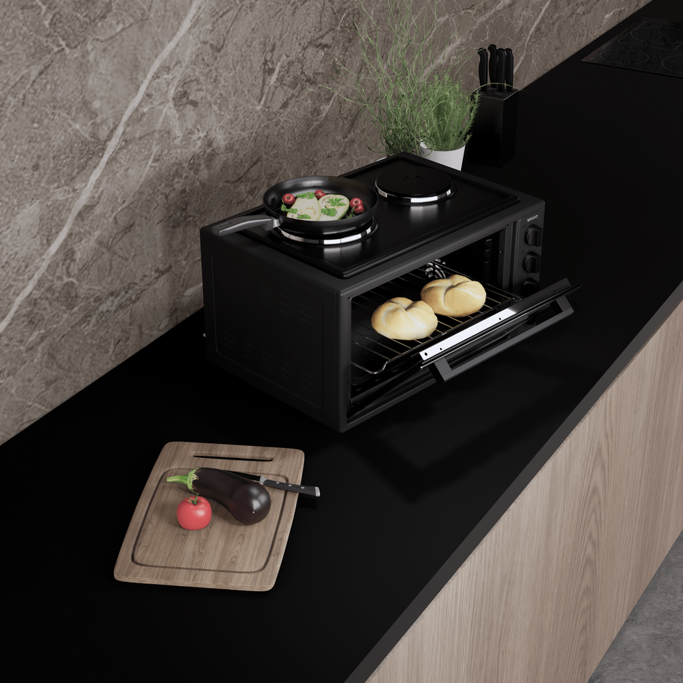 Wiggo WMO-E4562H(B) – Vrijstaande oven – 45 l – Zwart – Pizzastand – Grillfunctie