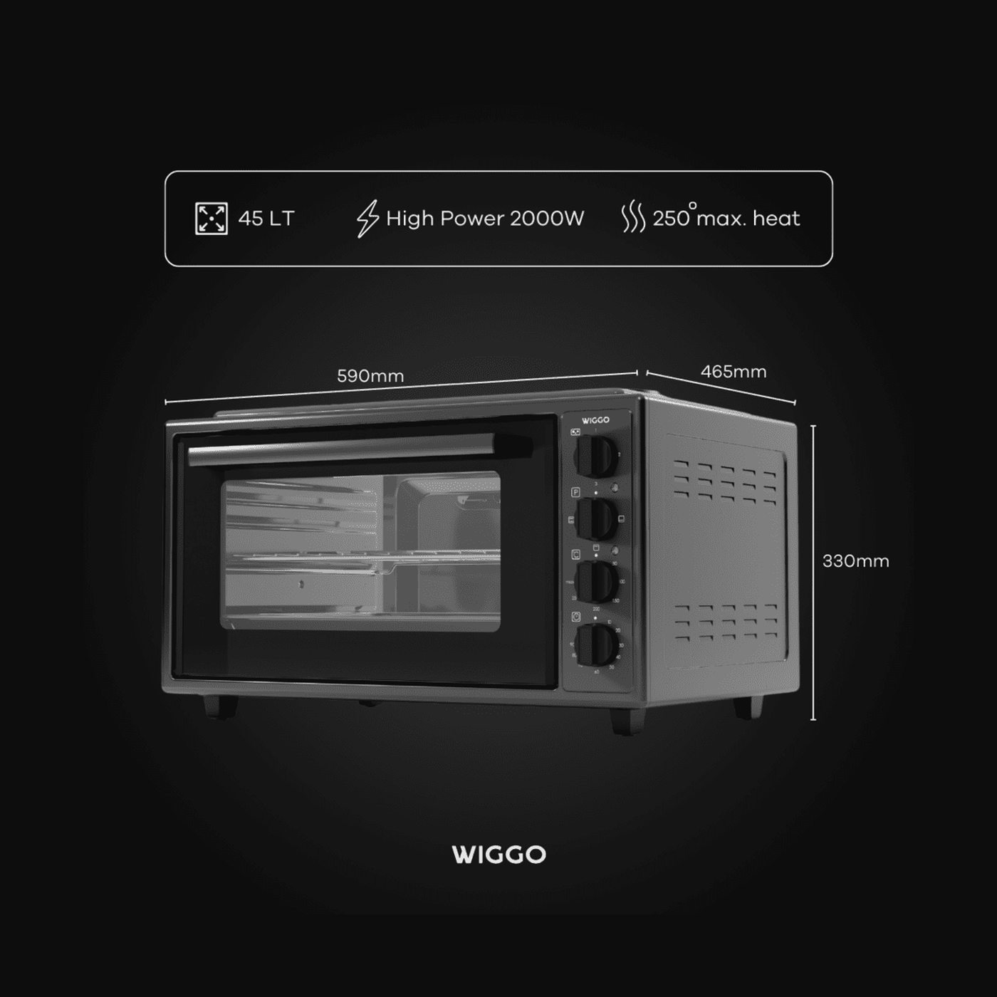Wiggo WMO-E4562H(B) – Vrijstaande oven – 45 l – Zwart – Pizzastand – Grillfunctie
