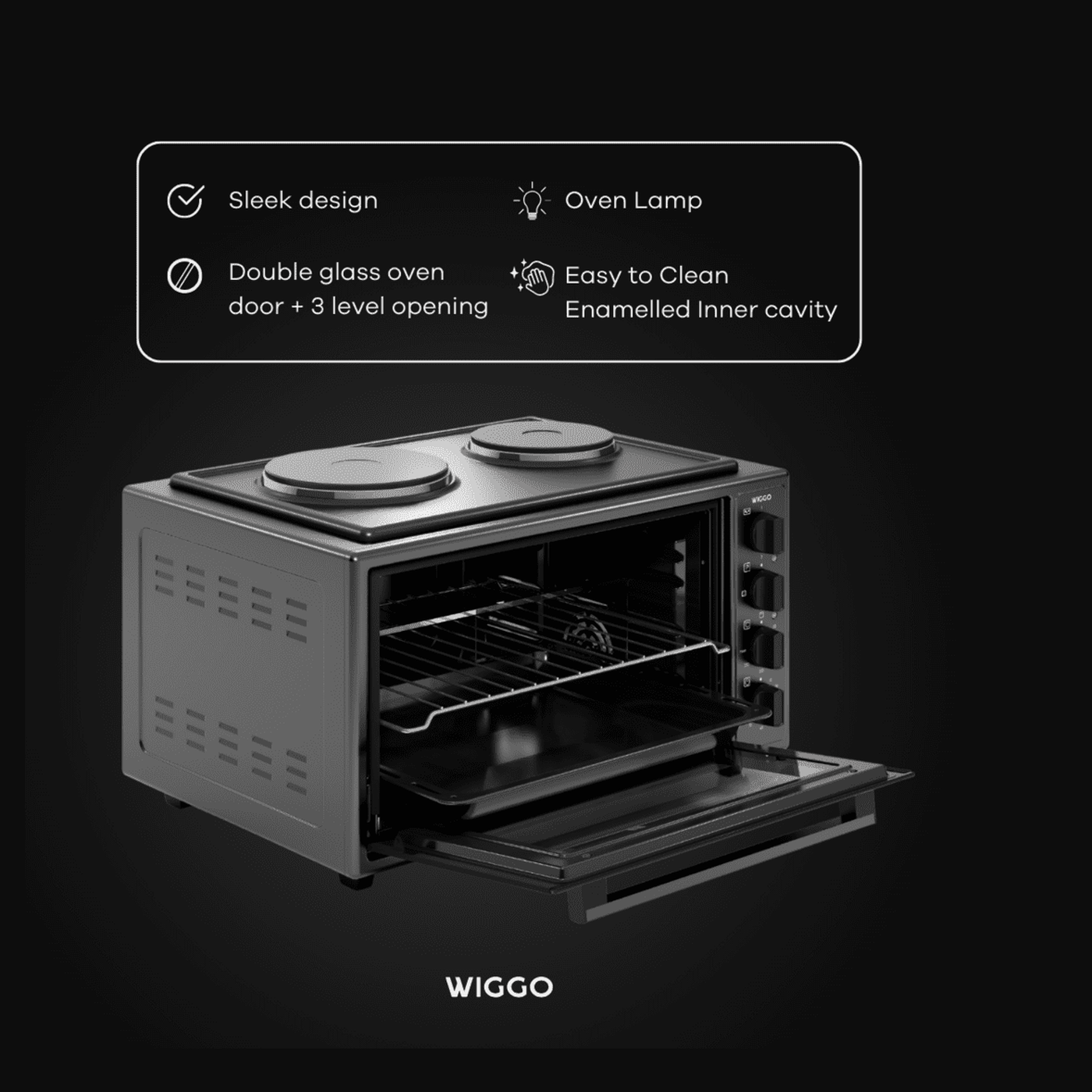Wiggo WMO-E4562H(B) – Vrijstaande oven – 45 l – Zwart – Pizzastand – Grillfunctie