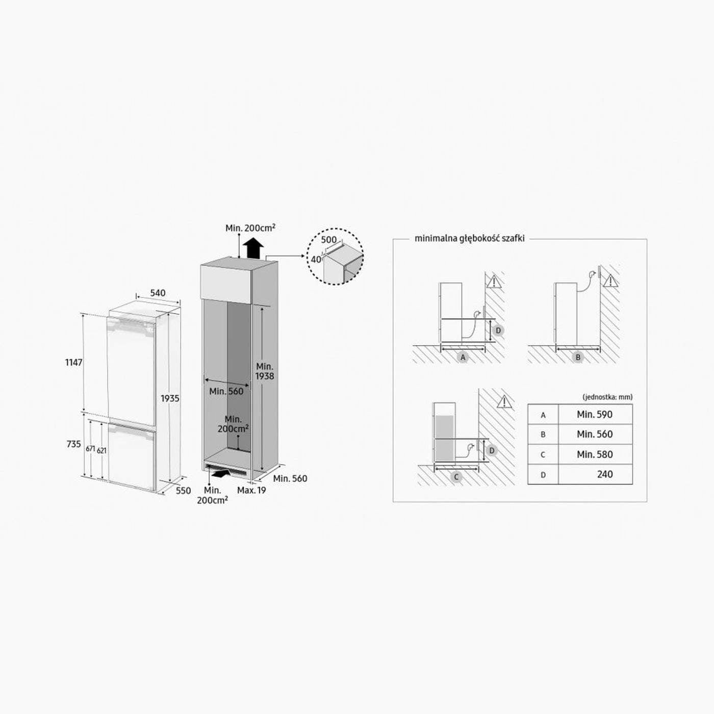 Samsung BRB70F30AES0 – Inbouw Koel-vriescombinatie – 298 l – No Frost – Deur-op-deur – Energieklasse E