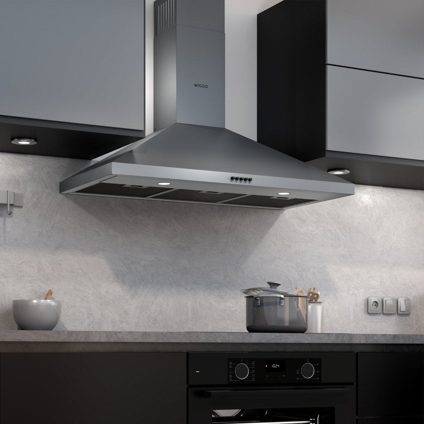 Wiggo WE-C930P(G) – Wandschouw Afzuigkap – Grijs – 90 cm – RVS – Stil – LED-verlichting