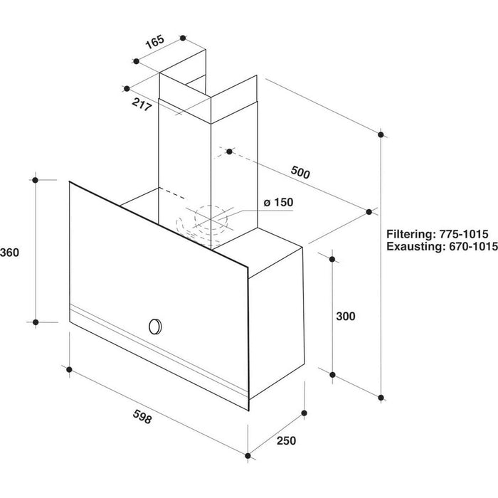 Whirlpool WHVA62FLMK – Afzuigkap – Wandschouw – RVS & Glas en recirculatie- of afvoersysteem
